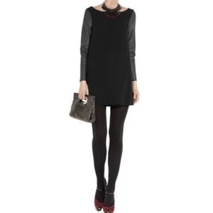Maje Hence Black Crepe Lamb Leather Long Sleeve Simple LBD Shift Dress 1 Small